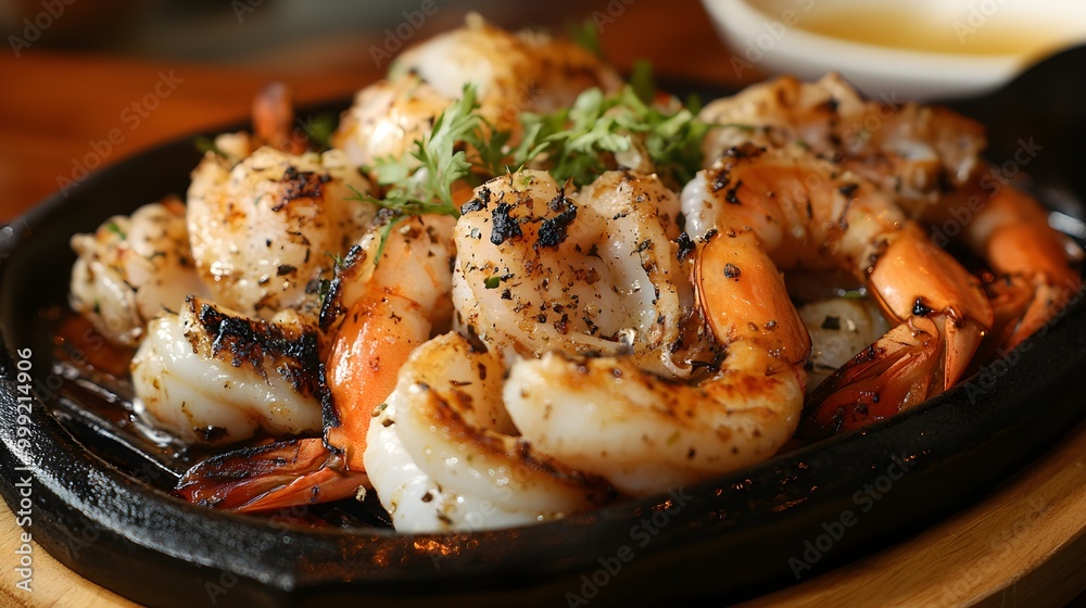 A mouth-watering plate of sizzling grilled seafood featuring squid, prawns, and scallops, beautifully garnished with fresh herbs, creating an enticing beach barbecue atmosphere A mouth-watering plate of sizzling grilled seafood featuring squid, prawns, and scallops, beautifully garnished with fresh herbs, creating an enticing beach barbecue atmosphere