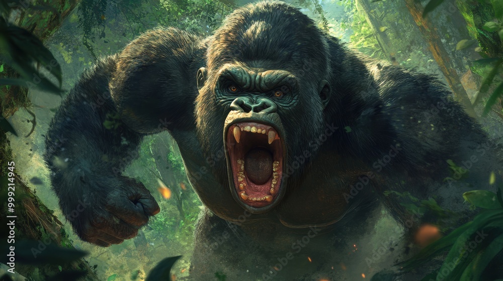 Ferocious gorilla roaring in the jungle