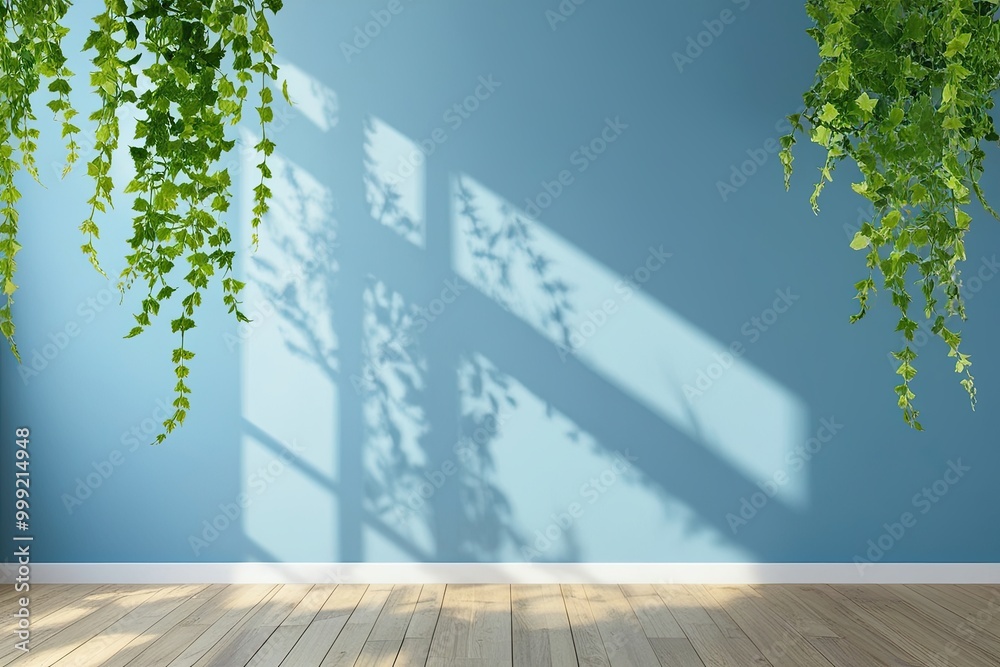 Obraz premium Bright Airy Background Featuring Soft Green Foliage Shadows on Blue Wall