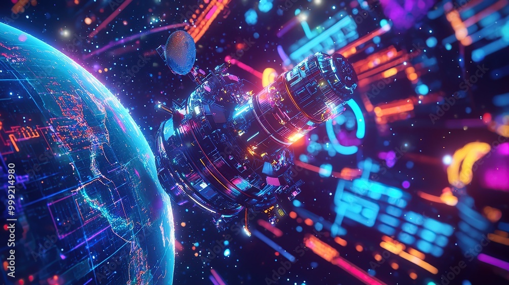 Futuristic spaceship orbiting a digital Earth, with glowing neon lights. Futuristic spaceship orbiting a digital Earth, with glowing neon lights.