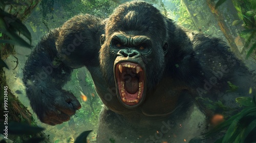 Ferocious gorilla roaring in the jungle
