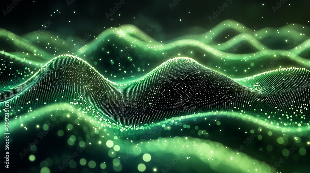Abstract green wave of glowing particles on a dark background. Abstract green wave of glowing particles on a dark background.