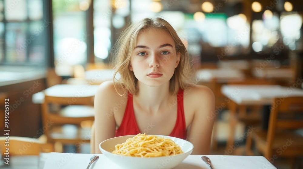 young woman eating pasta in cafe young woman eating pasta in cafe