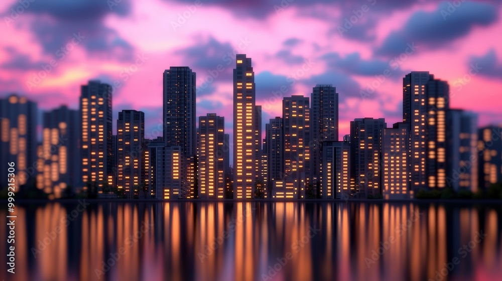 Glowing Cityscape at Twilight with Water Reflection and Pink Sky Glowing Cityscape at Twilight with Water Reflection and Pink Sky