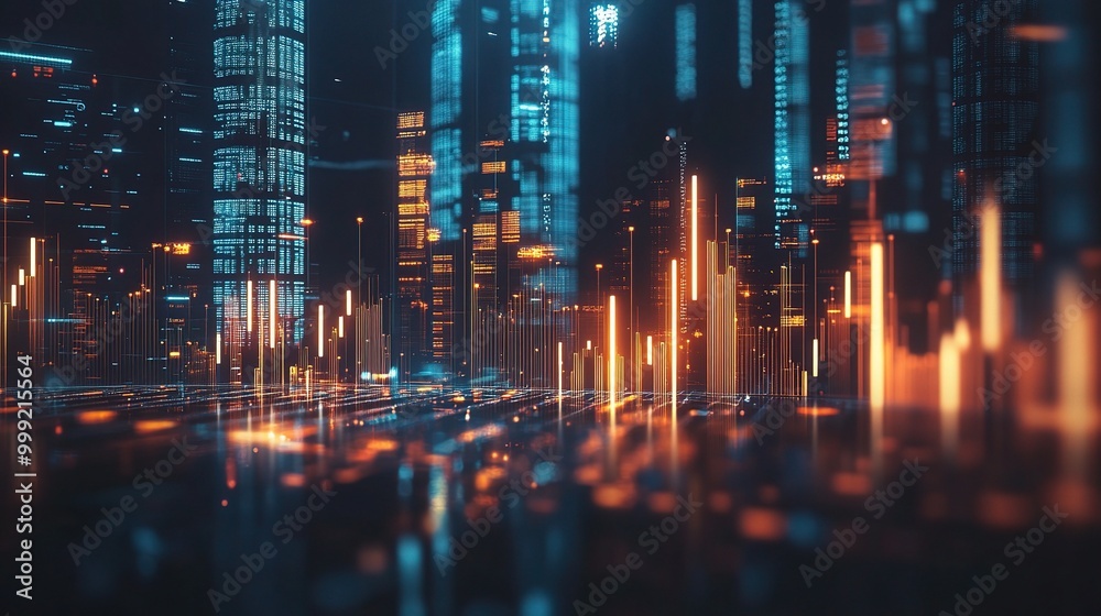 Futuristic Cityscape with Digital Data Visualization