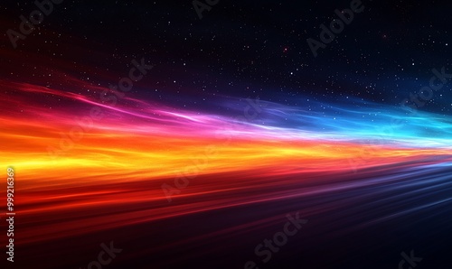 Abstract motion blur background with colorful streaks of light against a starry sky.