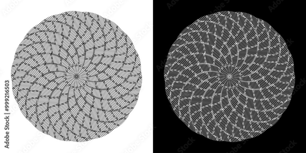 Abstract background with abstract line pattern in circles. Spiral art design as a logo or icon. A black figure on a white background and the same white figure on a black side. Mandala design with line Abstract background with abstract line pattern in circles. Spiral art design as a logo or icon. A black figure on a white background and the same white figure on a black side. Mandala design with line