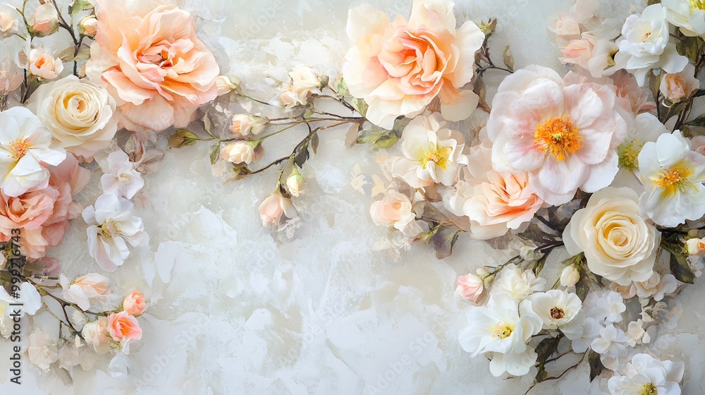 Delicate pastel flowers arranged with alcohol ink art on an elegant wallpaper backdrop Delicate pastel flowers arranged with alcohol ink art on an elegant wallpaper backdrop
