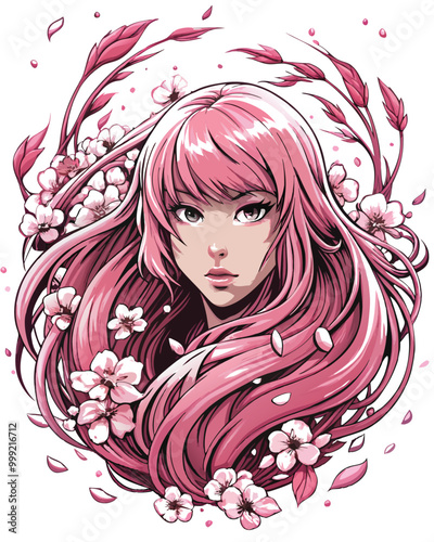 A girl with long pink hair, surrounded by pink flowers.