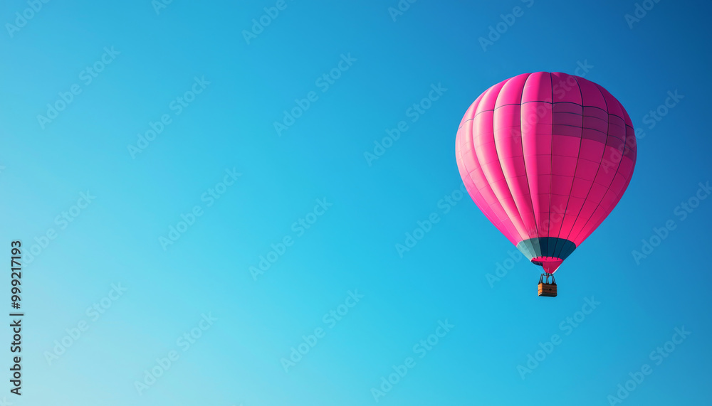 Naklejka premium A vibrant pink hot air balloon floats against a clear blue sky, symbolizing adventure and leisure.