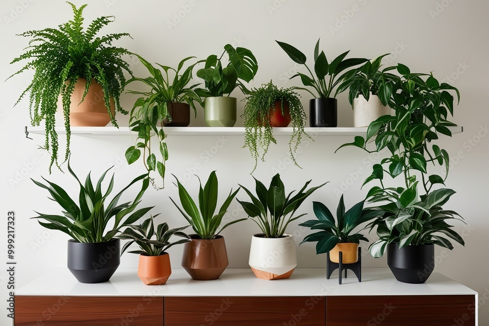 Fototapeta premium Stunning Houseplants for Modern Decor on Minimalist Shelves