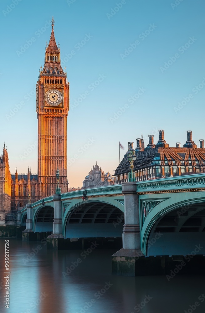 Fototapeta premium iconic london landmark big ben and westminster bridge at sunset