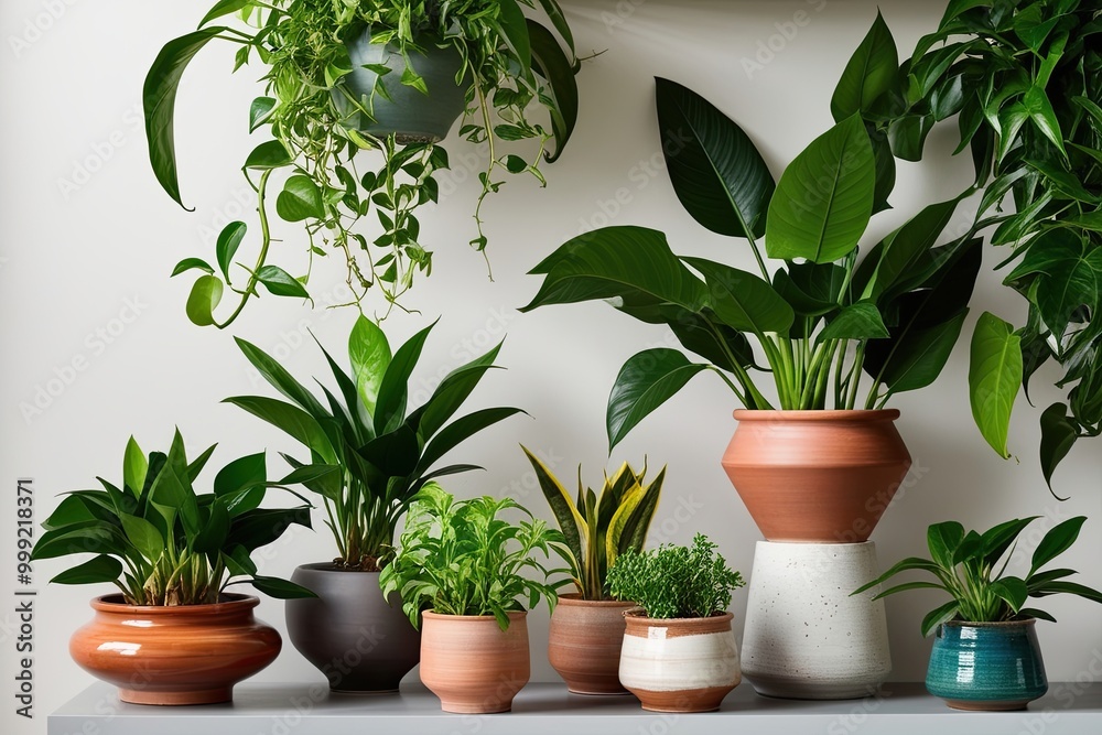 Obraz premium Artisanal Pots with Unique Indoor Plants Displayed on Contemporary Shelves for Lush Foliage Decor