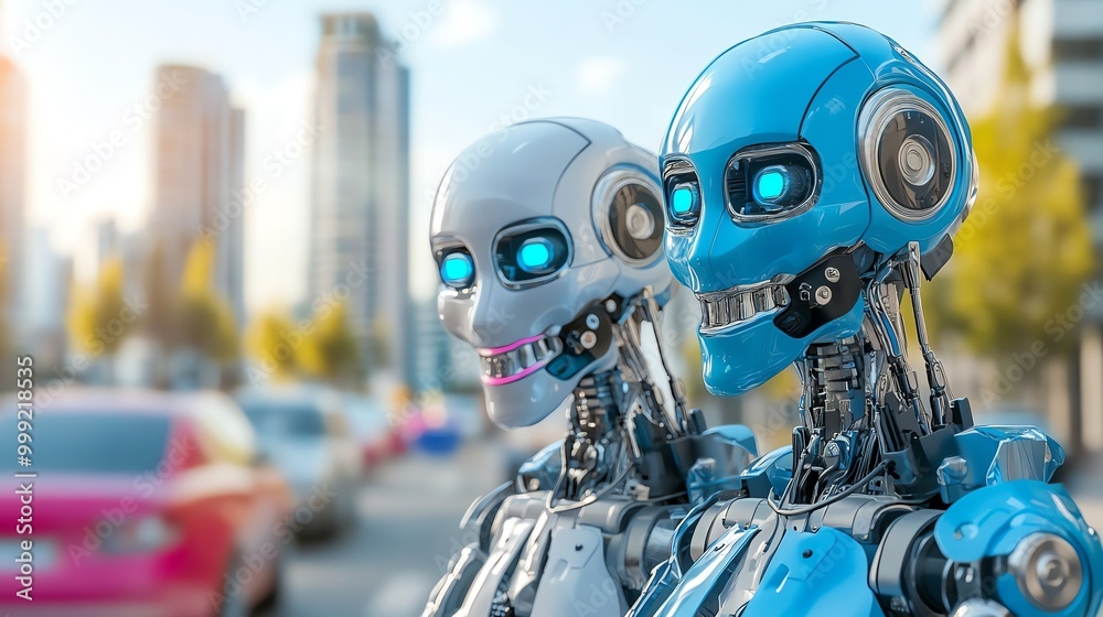 Two futuristic robots with shiny metal bodies and glowing blue eyes stand in a vibrant cityscape, symbolizing advanced technology. Two futuristic robots with shiny metal bodies and glowing blue eyes stand in a vibrant cityscape, symbolizing advanced technology.