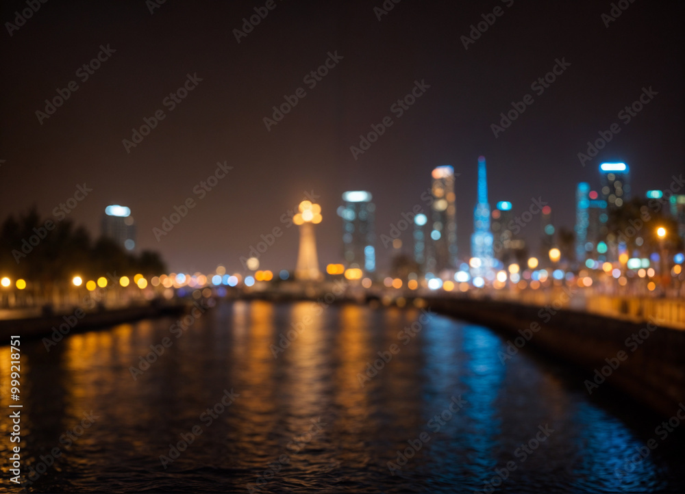 Bright glowing lights of district in megapolis under dusk sky in evening on blurred background
