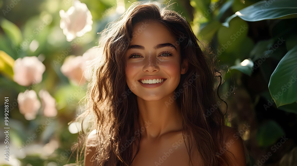 Smiling Woman with Long Brown Hair in a Garden Smiling Woman with Long Brown Hair in a Garden