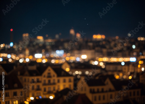 Bright glowing lights of district in megapolis under dusk sky in evening on blurred background photo