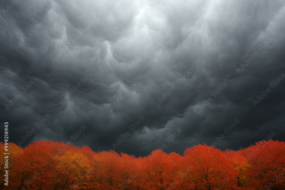 Naklejka premium A stormy sky with a few trees in the foreground