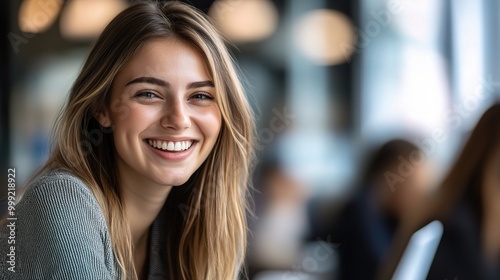 Happy Young Woman Smiling in a Modern Cafe Setting