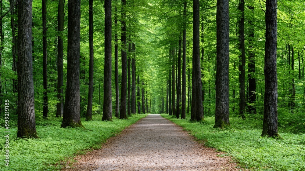 Obraz premium Serene Forest Path with Sunlight Dappled Through Trees