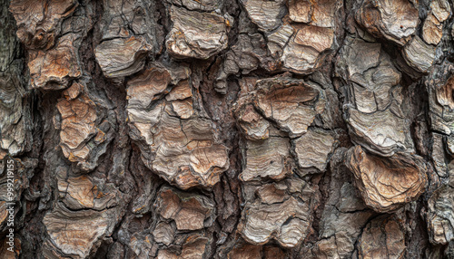 Close-up of textured tree bark showcasing natural patterns and earthy tones.