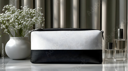 Black and White Leather Cosmetic Bag with Zipper photo