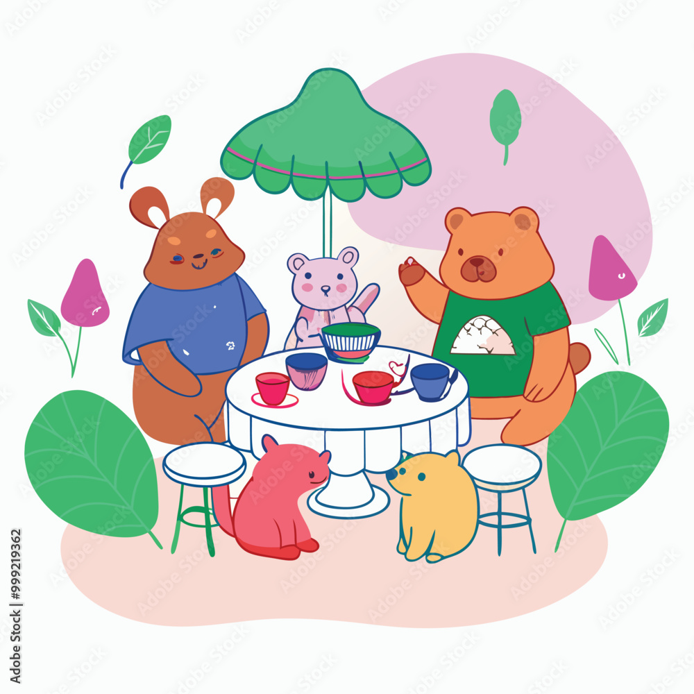 A group of animal friends, including bears, rabbits, and squirrels, enjoy tea and snacks under a green umbrella in a colorful outdoor setting A group of animal friends, including bears, rabbits, and squirrels, enjoy tea and snacks under a green umbrella in a colorful outdoor setting