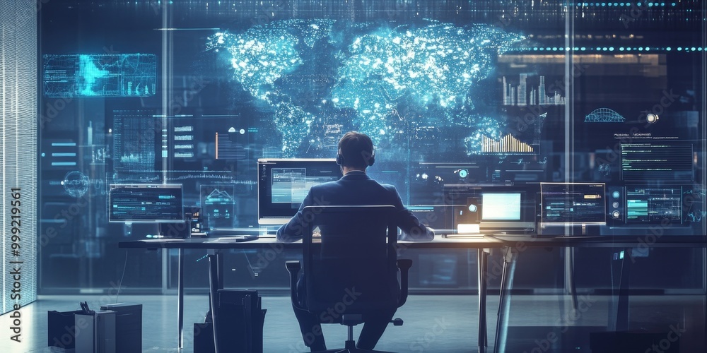 Professionals in a high-tech office using cutting-edge tech tools such as AI-driven software and smart desks to optimize business operations. Professionals in a high-tech office using cutting-edge tech tools such as AI-driven software and smart desks to optimize business operations.
