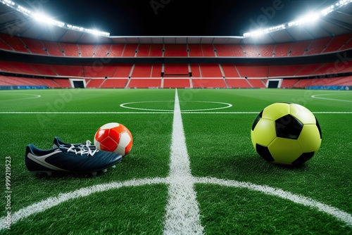Vibrant Soccer Field with Athletic Gear in Stadium Setting