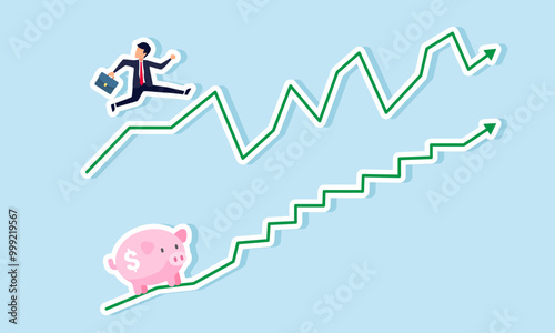 A businessman moving on a fluctuating graph while a piggy bank moves on a relatively flat graph, illustrating the difference in business and investment dynamics