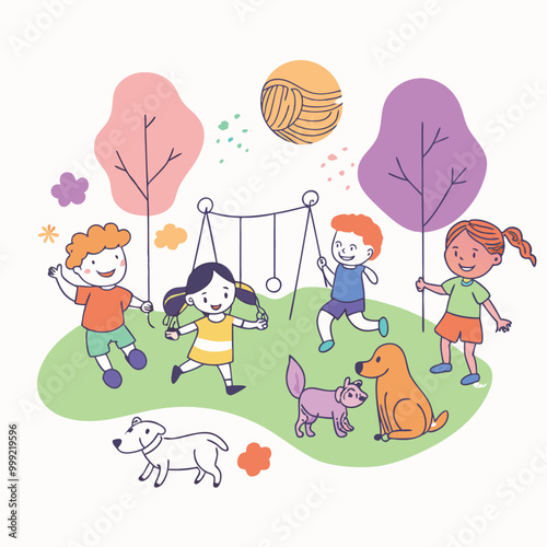 Four children, accompanied by two dogs, play happily in a city park. The children are running, swinging, and enjoying the outdoors