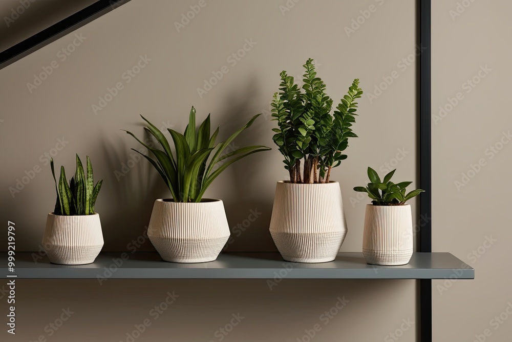 Handcrafted Ceramic Potted Plants on Modern Shelf with Neutral Background for Stylish Home Decor