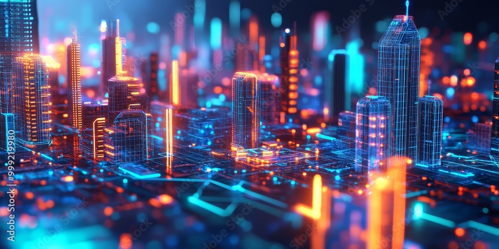 a futuristic cityscape with glowing towers, advanced energy grids, and dynamic, AI-driven public spaces. a futuristic cityscape with glowing towers, advanced energy grids, and dynamic, AI-driven public spaces.