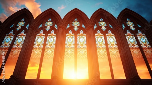 Gothic Cathedral Stained Glass Windows Sunset Light Interior Architecture