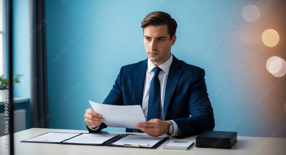 Serious young Caucasian lawyer in a suit reviewing documents against a light beige background Serious young Caucasian lawyer in a suit reviewing documents against a light beige background