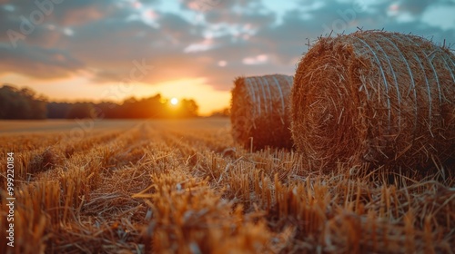 A field with haystacks on an autumn evening with a cloudy sky in the background at sunset or sunrise. Procurement of animal feed in agriculture. 