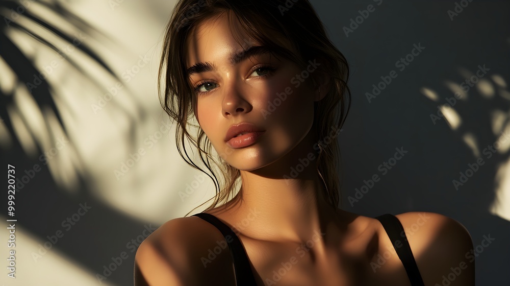 A sensual studio shot of a model with gentle lighting creating delicate shadows, her poised figure framed by a simple and clean background, enhancing the focus on her expression and posture A sensual studio shot of a model with gentle lighting creating delicate shadows, her poised figure framed by a simple and clean background, enhancing the focus on her expression and posture
