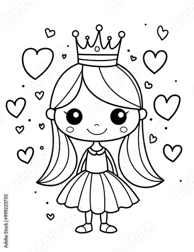 Cute little princess with hearts coloring page, simple cartoon style, low details, bold lines, white background, simple drawing for kids