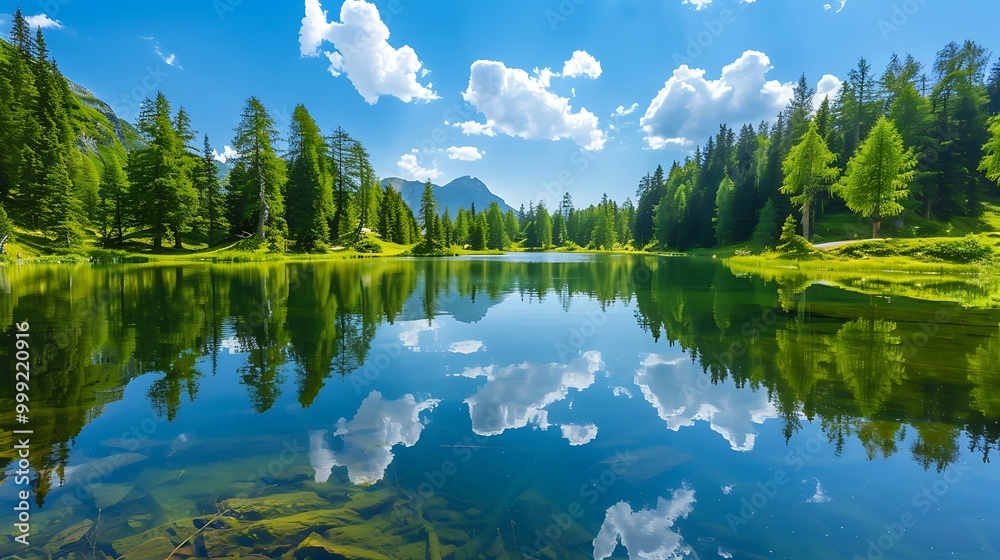 Fototapeta premium Serene lake nestled amidst a lush green forest and majestic mountains, reflecting a picturesque sky with fluffy clouds.