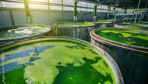 Large circular tanks filled with green algae in a greenhouse, illustrating sustainable biofuel production or aquaculture. photo