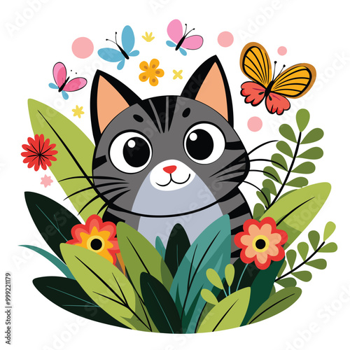 A playful cat with big eyes peeks out from behind lush green leaves and colorful flowers. Butterflies flutter around the cat, adding to the whimsical scene