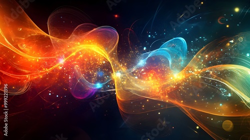 An artistic representation of quantum entanglement, featuring luminous particles swirling and moving through space, surrounded by abstract patterns and gradients that highlight the complex relationshi