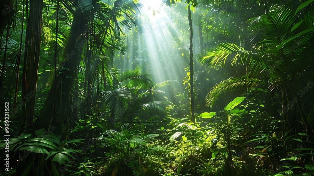 Obraz premium Sunlight beams through the dense foliage of a lush rainforest, illuminating the vibrant green hues of the ecosystem.