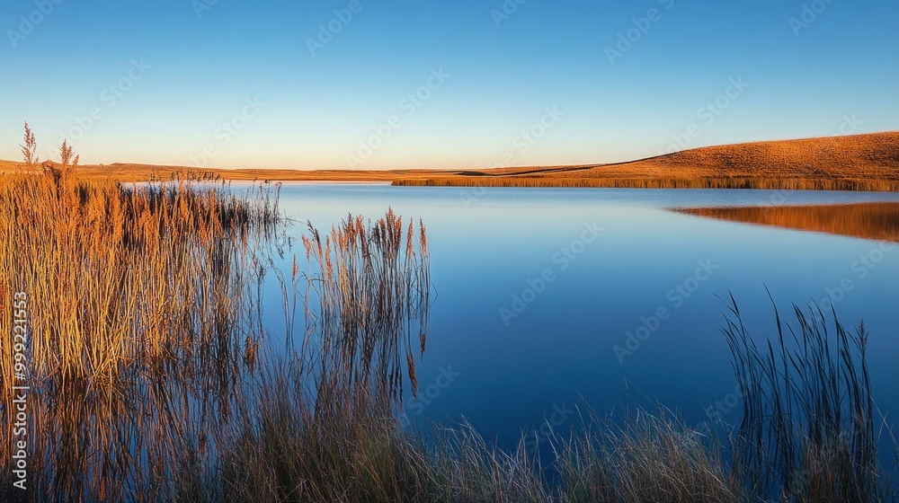 A serene lake at sunrise, surrounded by tall grasses and reeds with the sun casting long shadows across its surface. A serene lake at sunrise, surrounded by tall grasses and reeds with the sun casting long shadows across its surface.