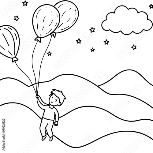 A young boy soars through the night sky, holding onto three balloons, as he floats above rolling hills. Stars twinkle overhead, and a fluffy cloud floats in the distance