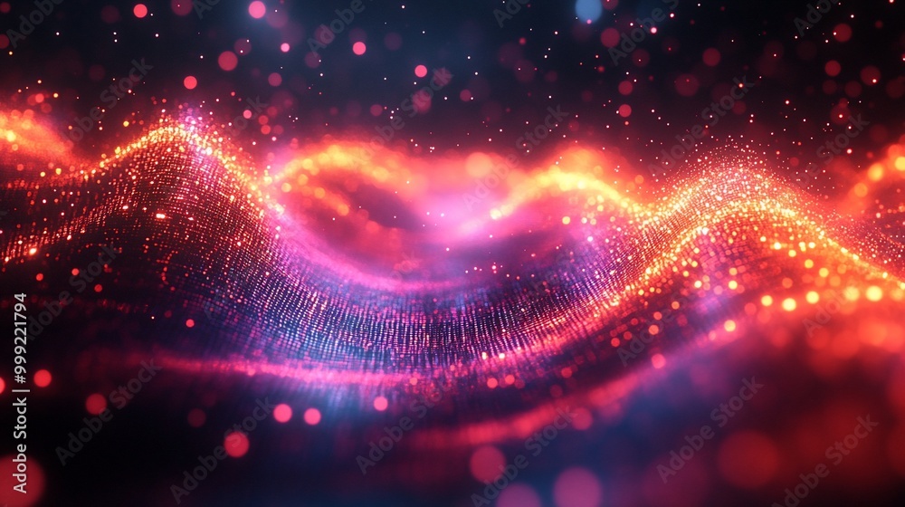Abstract wave of glowing particles, red and blue lights, dark background. Abstract wave of glowing particles, red and blue lights, dark background.