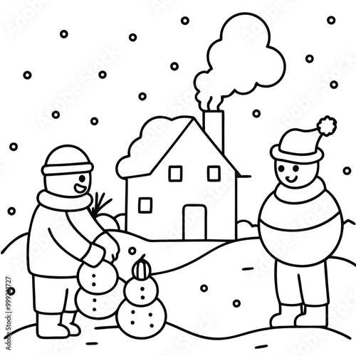 Two children, wearing winter gear, build a snowman in front of a house with smoke coming from the chimney. Snow is falling in the background