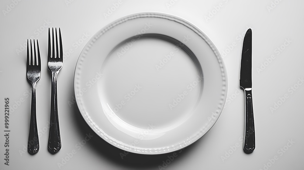 Waiting for our dinner with served plate, fork, and knife in a girl's hands on a white background. A place for text, top view. isolated on white background design Waiting for our dinner with served plate, fork, and knife in a girl's hands on a white background. A place for text, top view. isolated on white background design