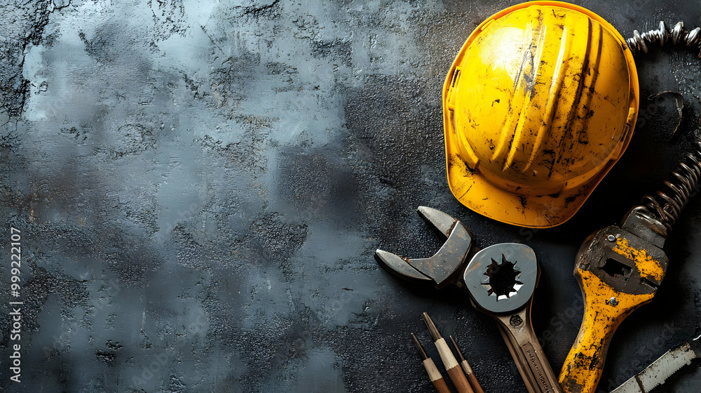Tools and Hard Hat on a Rustic Surface