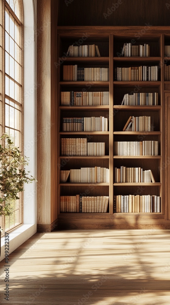 Sunlit home library with wooden bookshelves filled with vintage books, creating a warm and inviting atmosphere. Large window casts soft light on hardwood floor. Sunlit home library with wooden bookshelves filled with vintage books, creating a warm and inviting atmosphere. Large window casts soft light on hardwood floor.